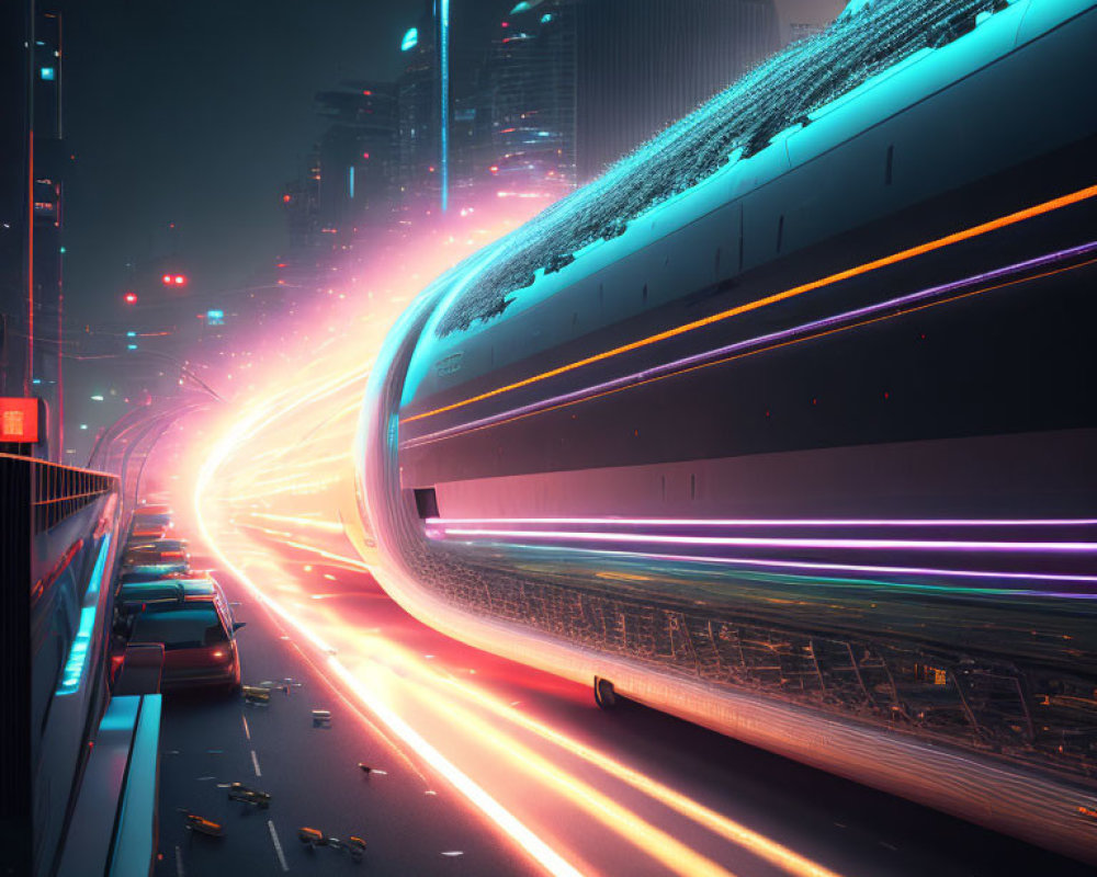 Futuristic cityscape with neon lights and high-speed train at night