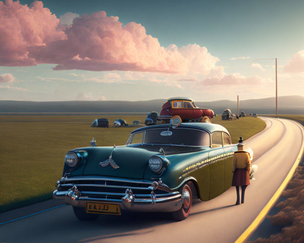 Vintage car on winding road in serene landscape