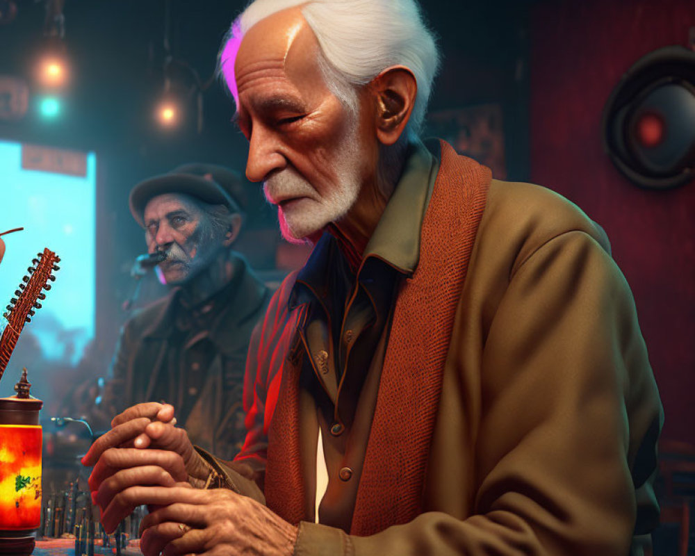 Elderly man with white hair and beard sitting at bar with contemplative expression