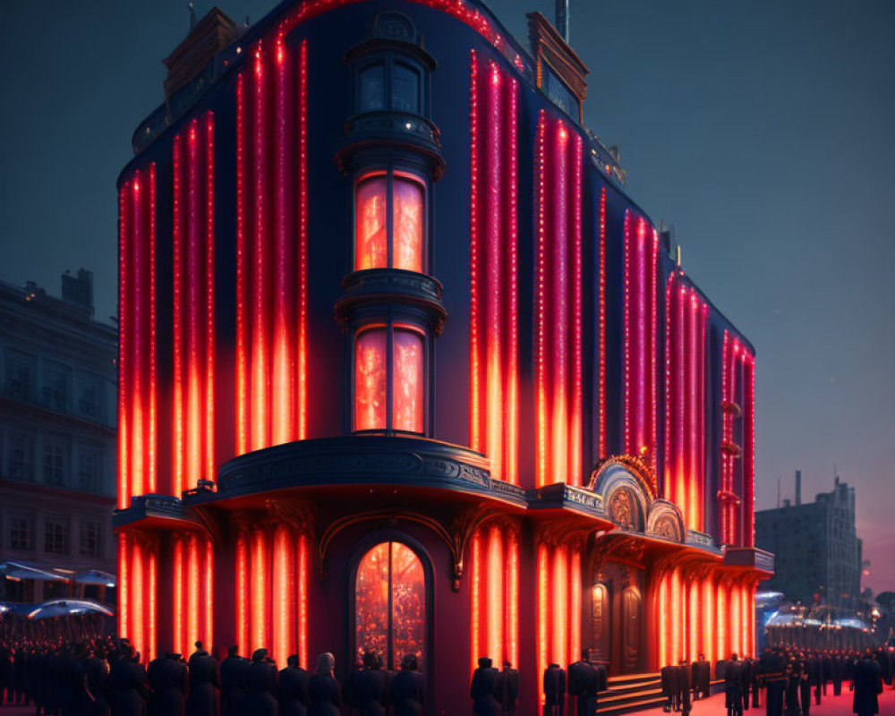 Ornate corner building with vibrant red neon lights and crowd at twilight