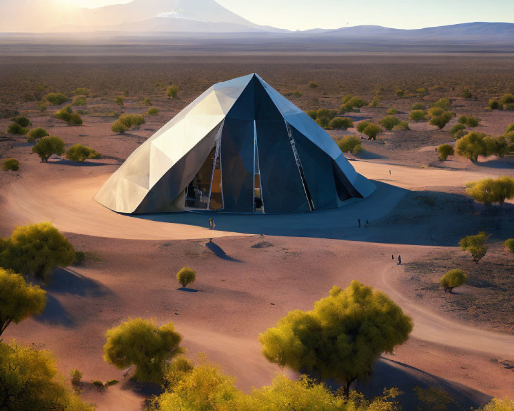 Futuristic pyramid building in desert with mountains and people under clear sky