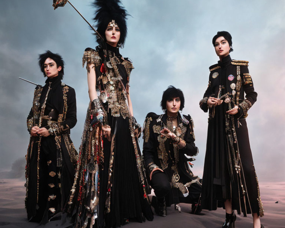 Four individuals in dark military-inspired costumes with gold accents against a moody sky