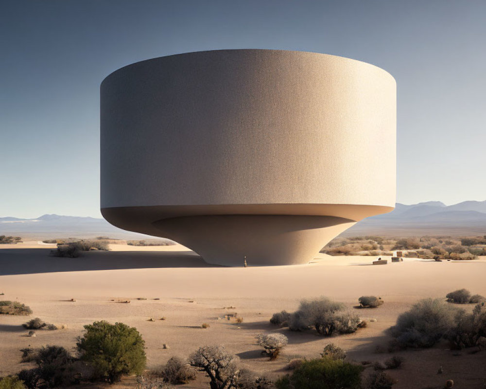 Futuristic cylindrical building in desert landscape with solitary figure