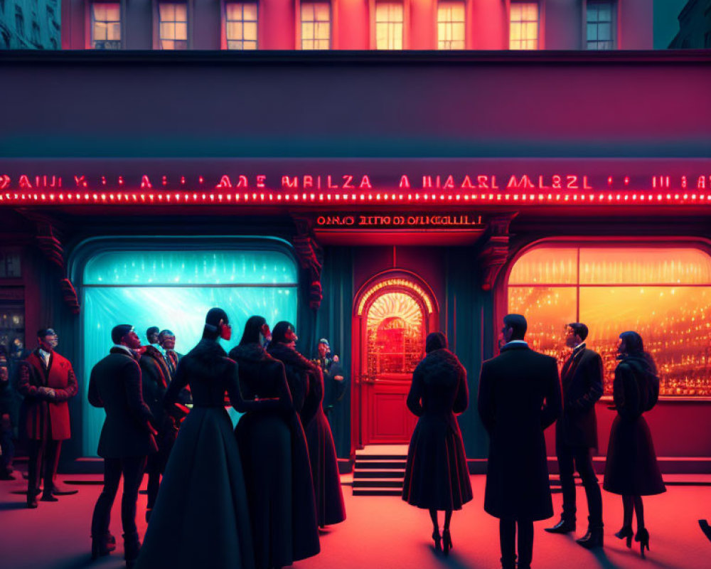 Vintage Attire Crowd Outside Theater with Neon Signs at Dusk