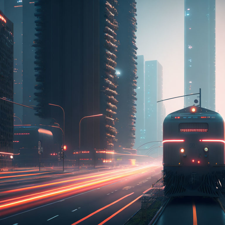 Futuristic twilight cityscape with illuminated buildings and train, light streaks.