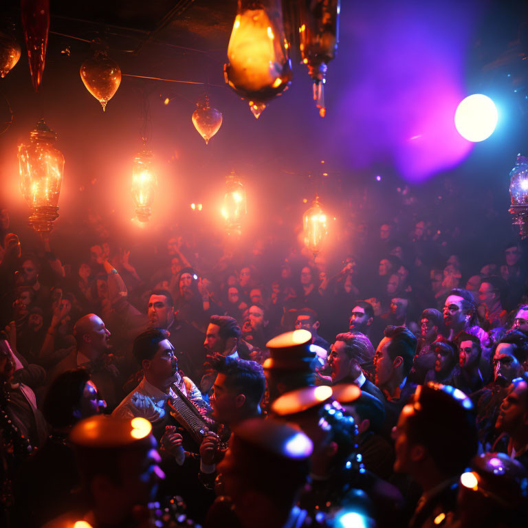 Dimly-lit club with vibrant purple lighting and hanging lamps creating warm ambiance