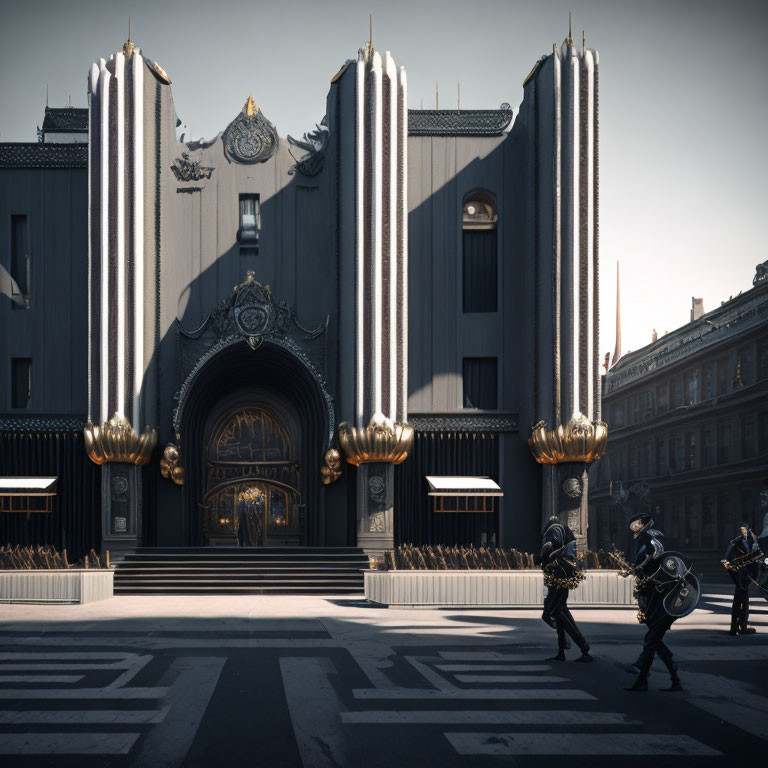 Art Deco-style building with tall pillars and intricate decorations, flanked by uniformed guards.