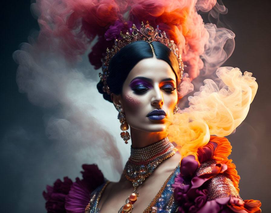 Regal woman with ornate crown and vibrant makeup in colorful smoke.