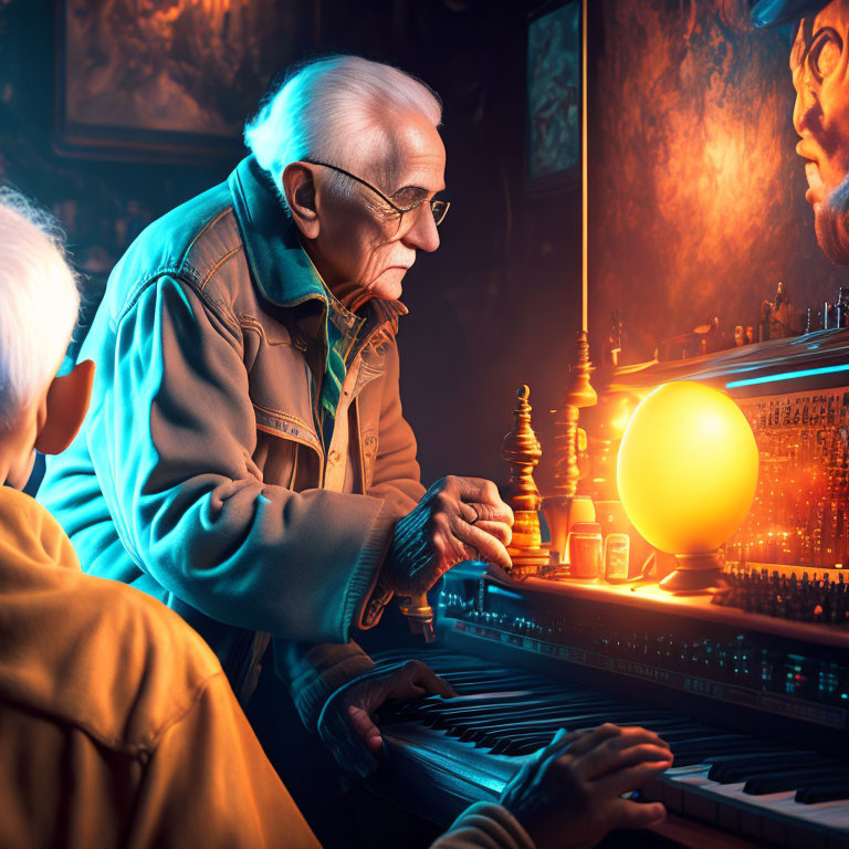 Elderly man playing keyboard with glowing orb, observed by another person in dimly lit room