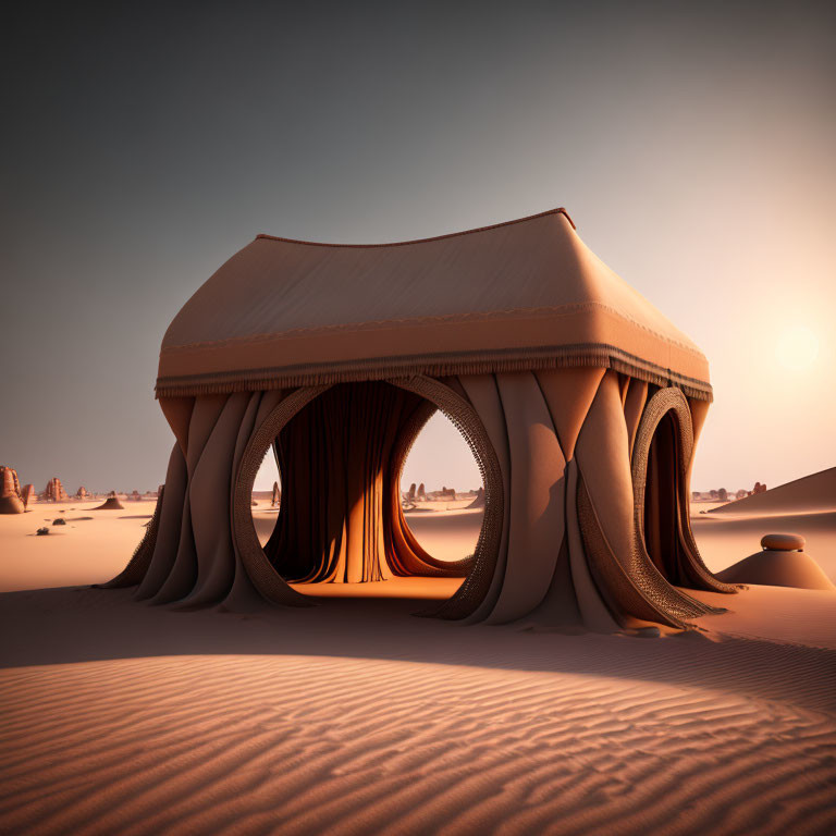 Futuristic shelter with fabric-like supports in desert landscape at sunset