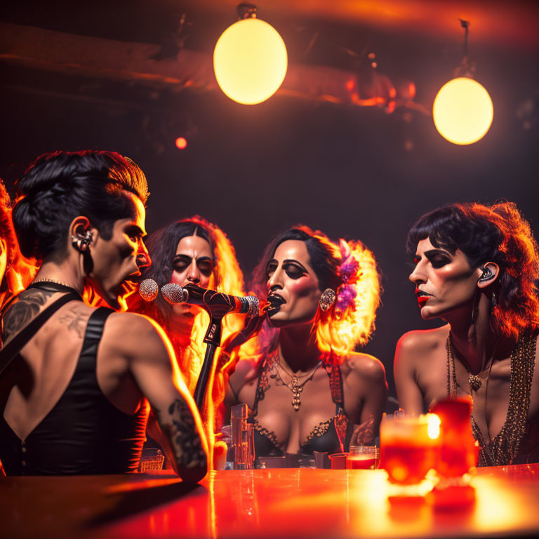 Four Women with Tattoos and Bold Makeup in Bar with Warm Lighting