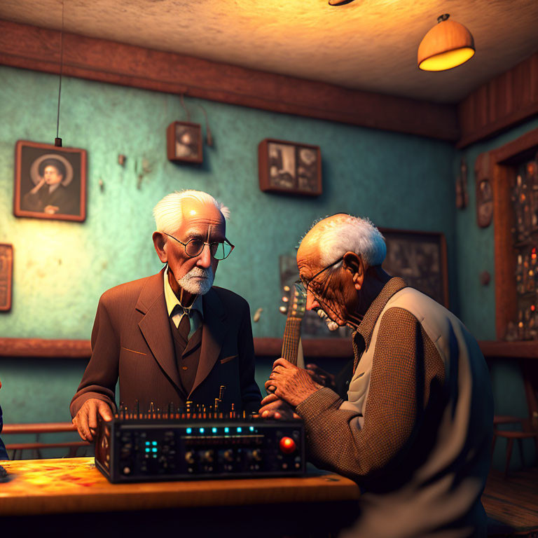 Elderly animated characters playing chess in vintage room