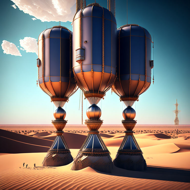 Futuristic airships over desert with transmission tower under clear sky