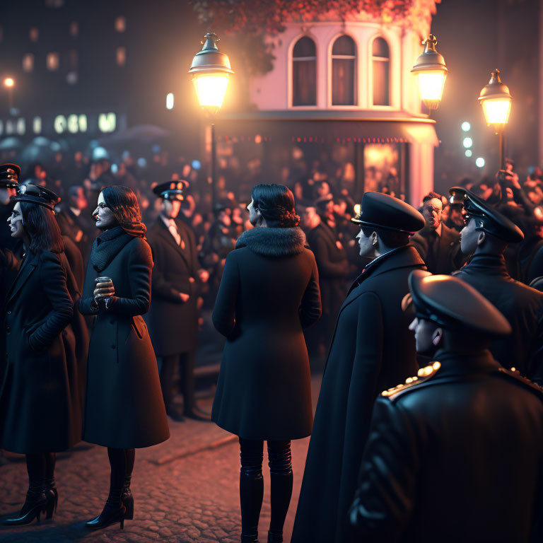 Formal crowd at evening event under warm streetlight glow