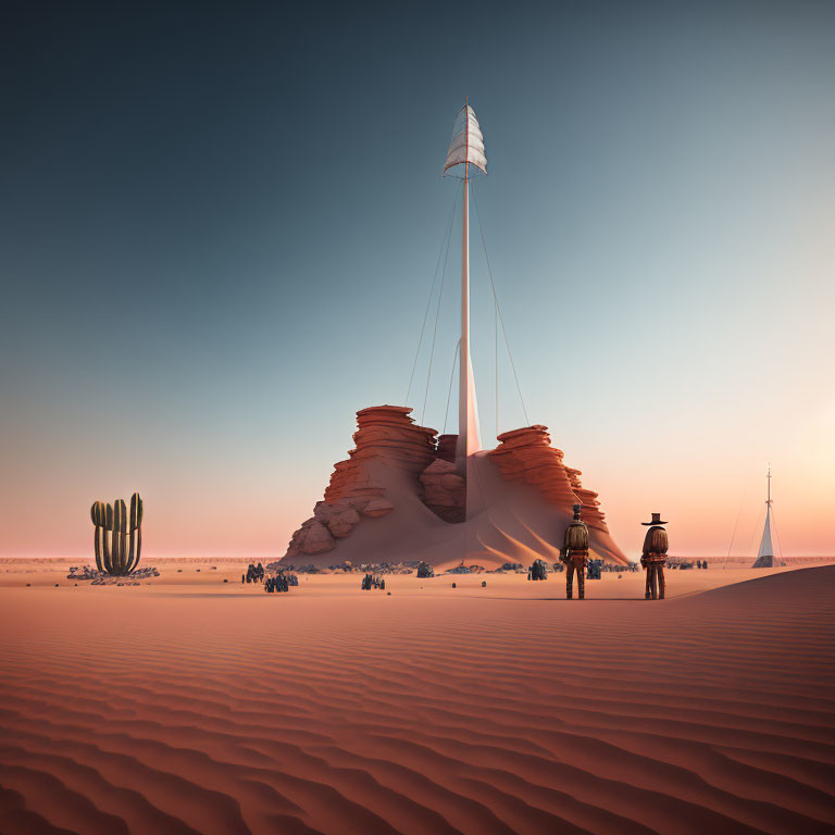 Surreal desert landscape with towering sail-like structure, rock formations, cacti, and people