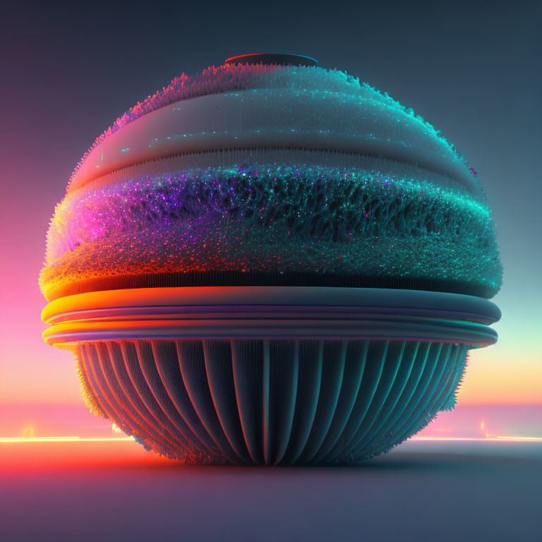 Layered neon pink and blue textures on spherical 3D object against gradient sunset background