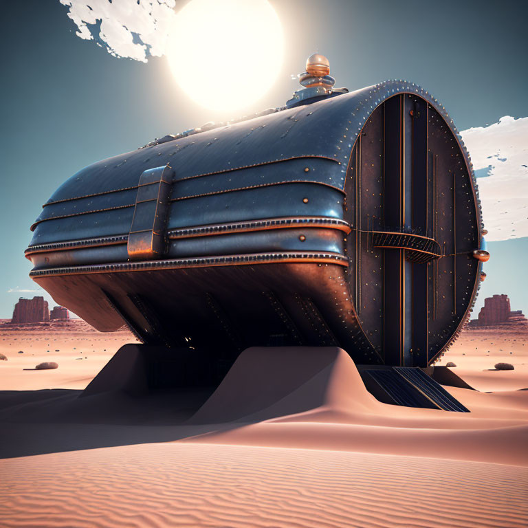 Futuristic metallic structure in desert landscape with ramp