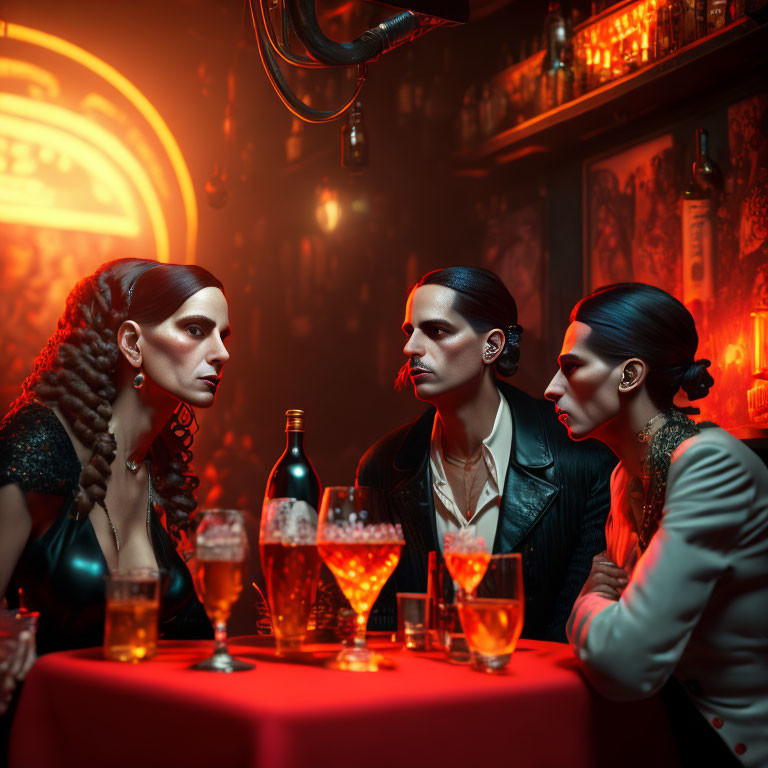 Three people with dramatic makeup in dimly lit bar having serious conversation.