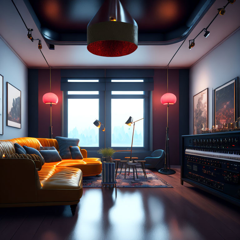 Modern Living Room with Large Window, Orange Sofa, Mood Lighting, and Audio System