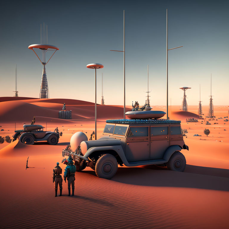 Advanced desert landscape with futuristic vehicles, people in spacesuits, caravan, and towers under dusky sky