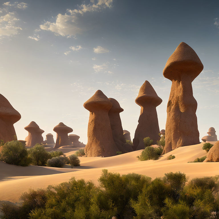 Desert landscape with sandstone hoodoos and sand dunes