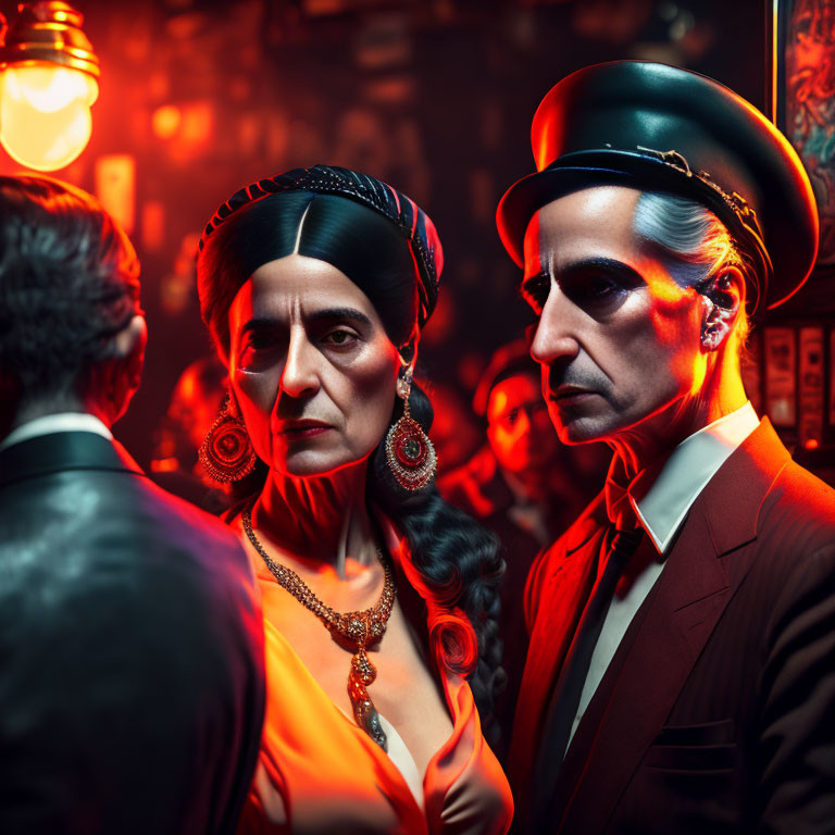 Vintage-style characters in moody red-lit setting