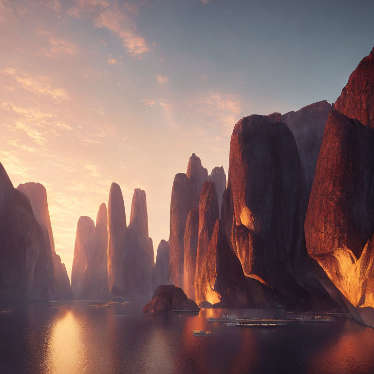 Sunrise reflections of majestic cliffs on calm water near a coastal settlement