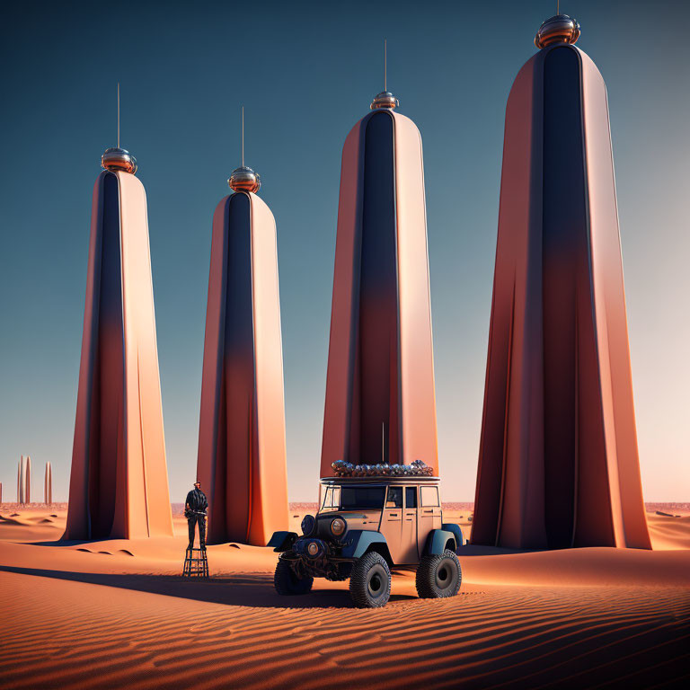 Person on ladder next to 4x4 vehicle observes futuristic towers in desert landscape