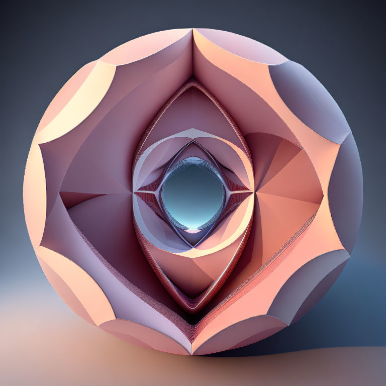 Abstract geometric sculpture in peach, mauve, and blue layers on gradient background