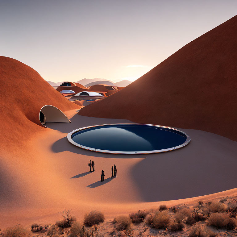 Futuristic desert architecture with domed structures and reflective pool.