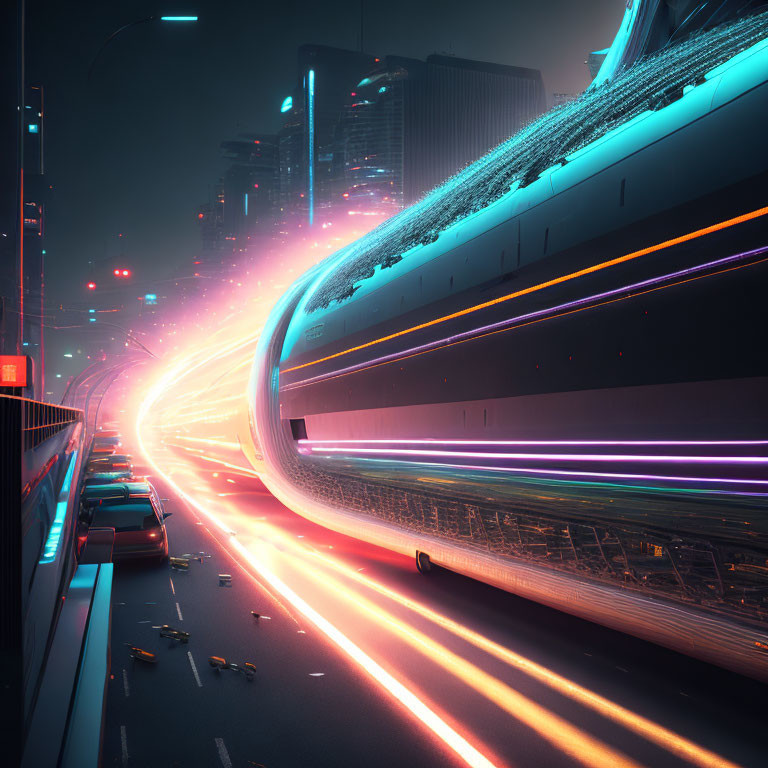 Futuristic cityscape with neon lights and high-speed train at night