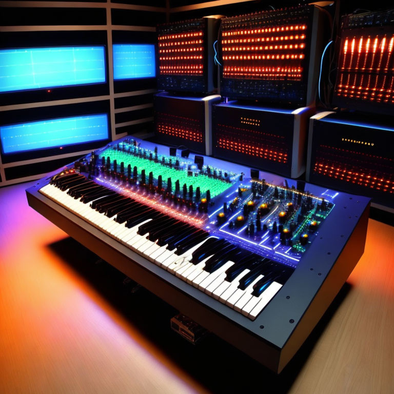 Glowing Synthesizer Keyboard in Studio Setup