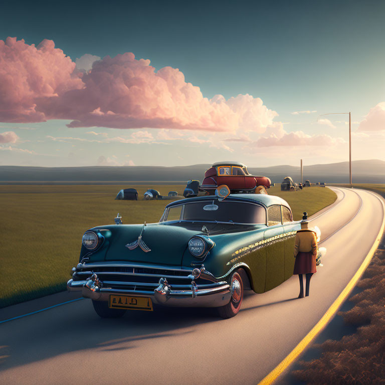 Vintage car on winding road in serene landscape