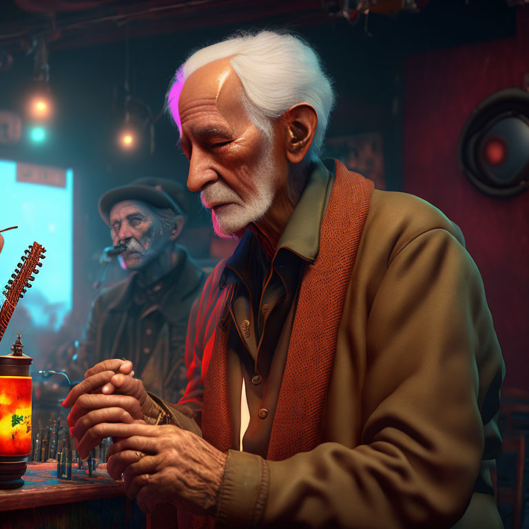 Elderly man with white hair and beard sitting at bar with contemplative expression