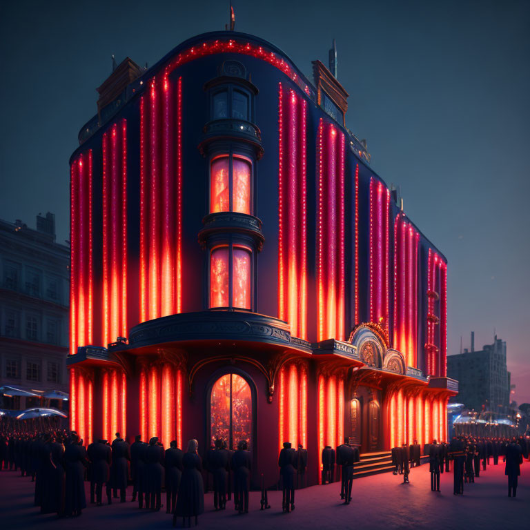 Ornate corner building with vibrant red neon lights and crowd at twilight