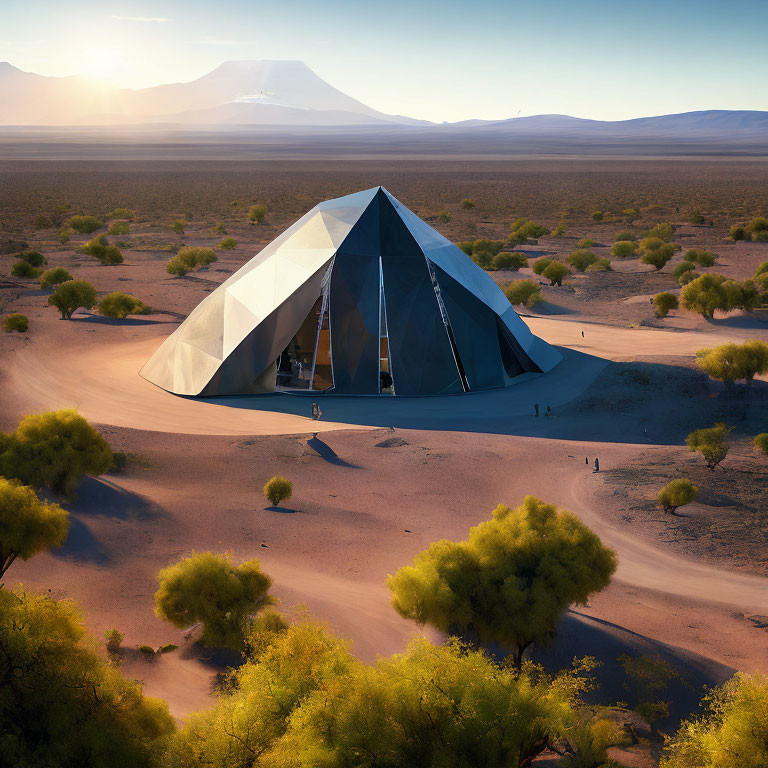 Futuristic pyramid building in desert with mountains and people under clear sky