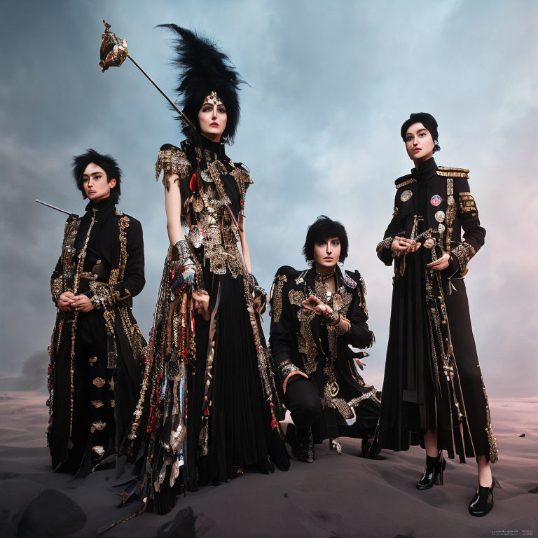 Four individuals in dark military-inspired costumes with gold accents against a moody sky