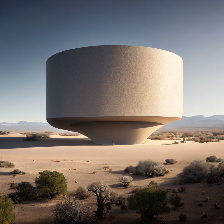 Futuristic cylindrical building in desert landscape with solitary figure