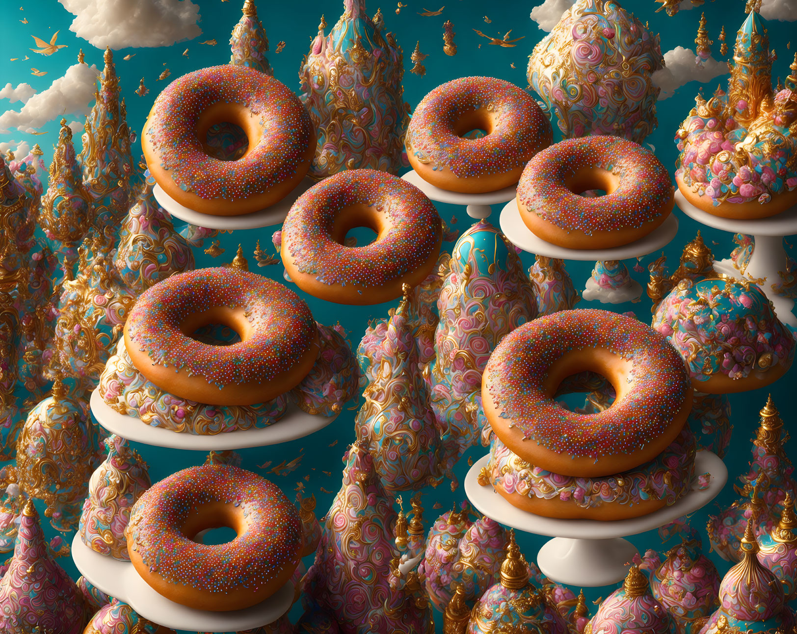 Colorful surreal landscape with floating donuts and candy amidst golden spires.