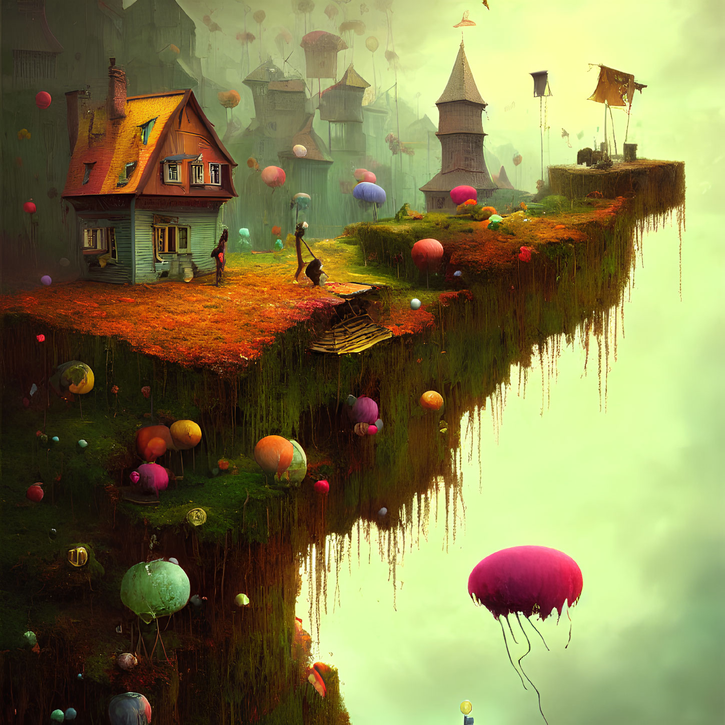 Fantastical scene: Floating islands, whimsical buildings, colorful balloons, people in foggy backdrop