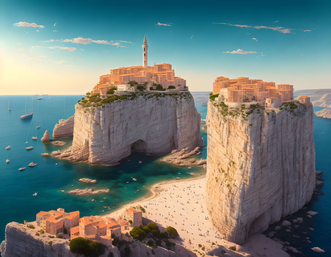 Coastal town perched on cliffs with beach, boats, and tower