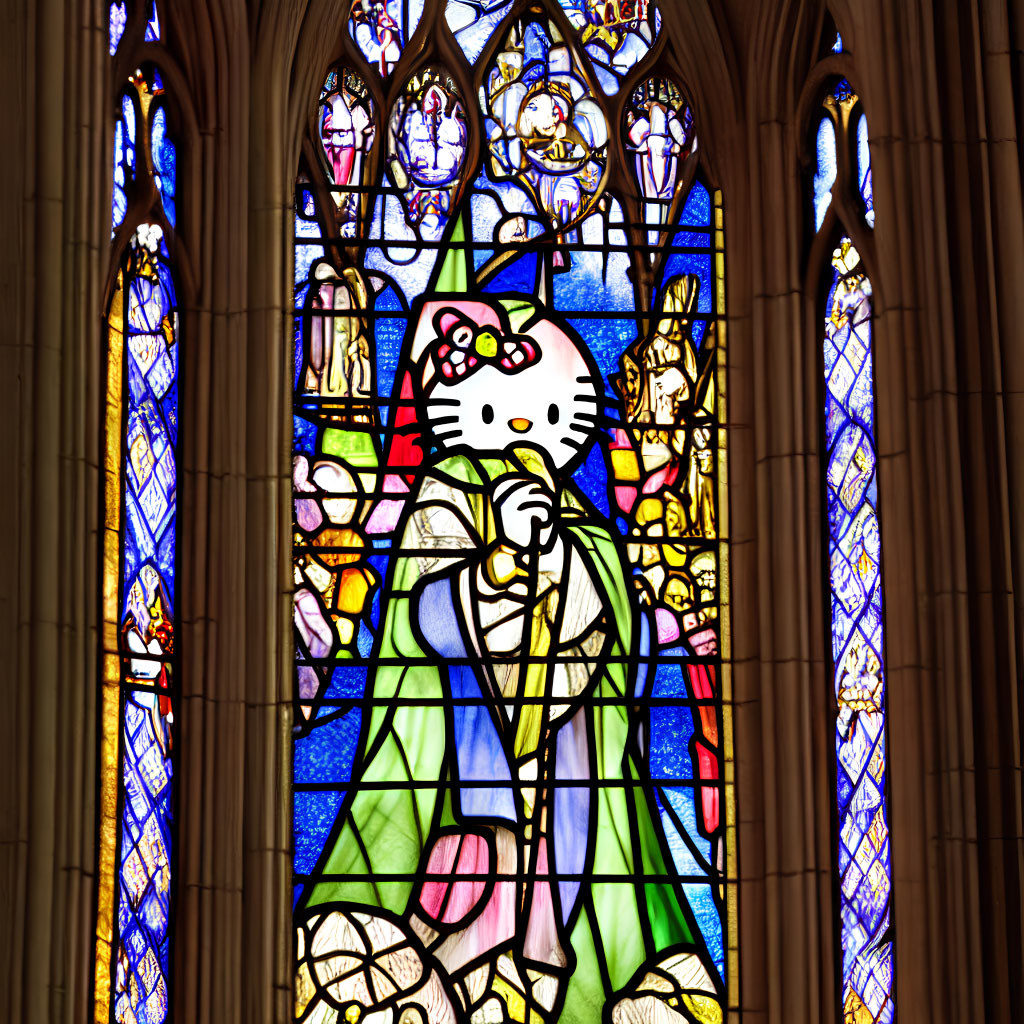 Hello Kitty Stained Glass Window with Green Robe and Staff