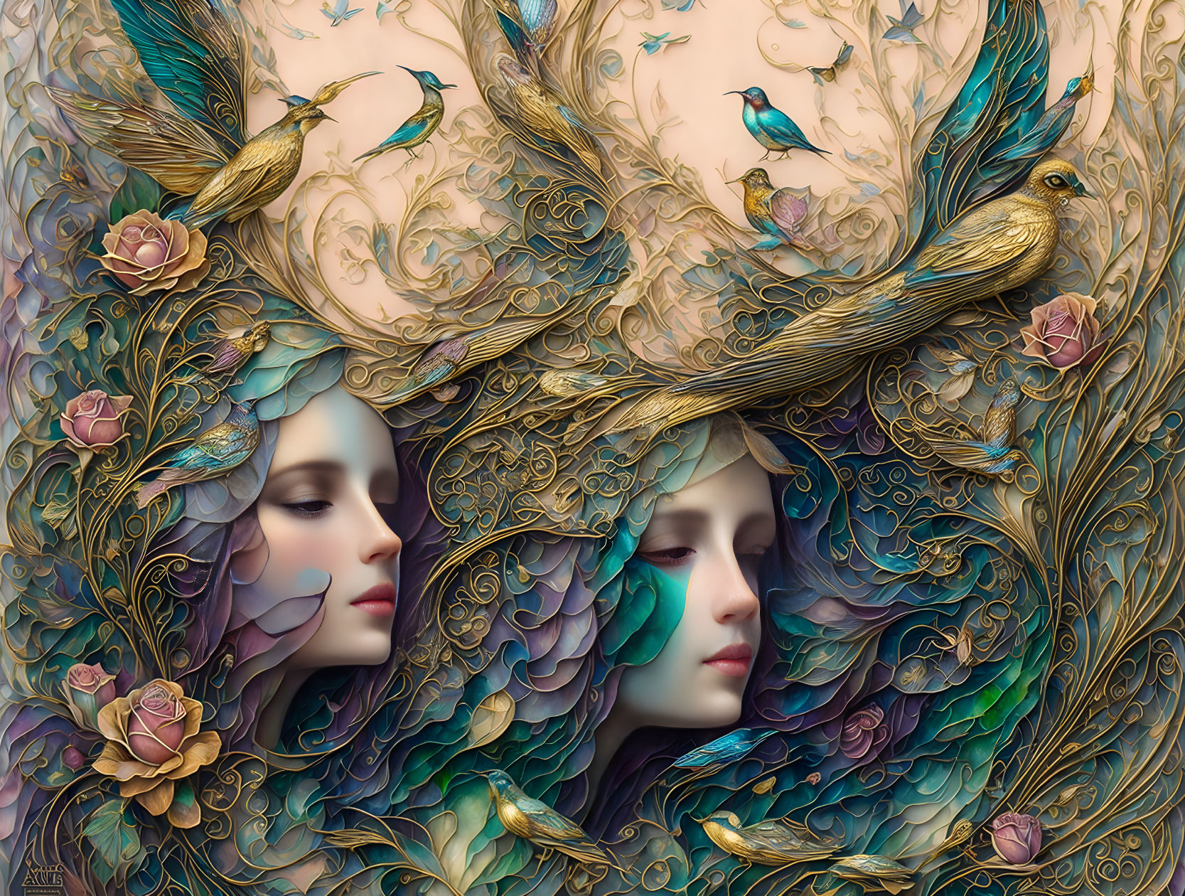 Ethereal female faces in ornate swirling patterns with birds and roses