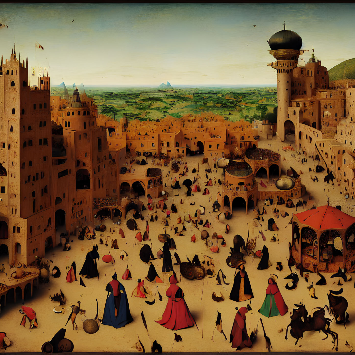 Medieval city square painting with diverse people, animals, and fantastical architecture