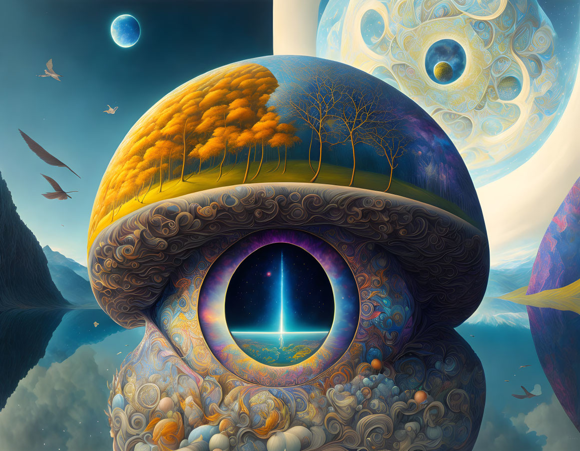 Surreal landscape featuring orb-like forest structure under celestial bodies.