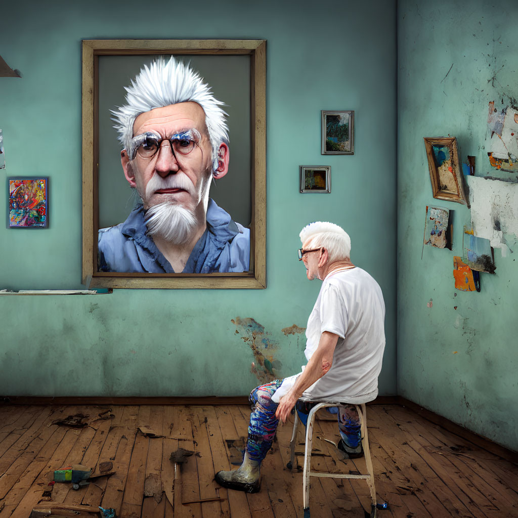 Elderly man in paint-splattered clothes admires realistic portrait on weathered wall