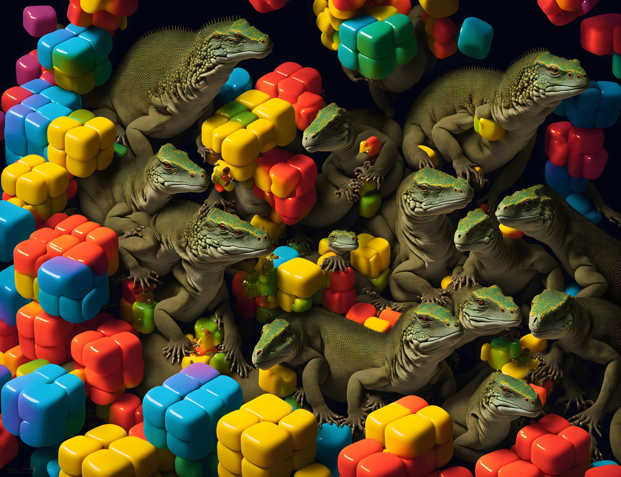 Colorful 3D cubes with multiple iguanas on dark backdrop