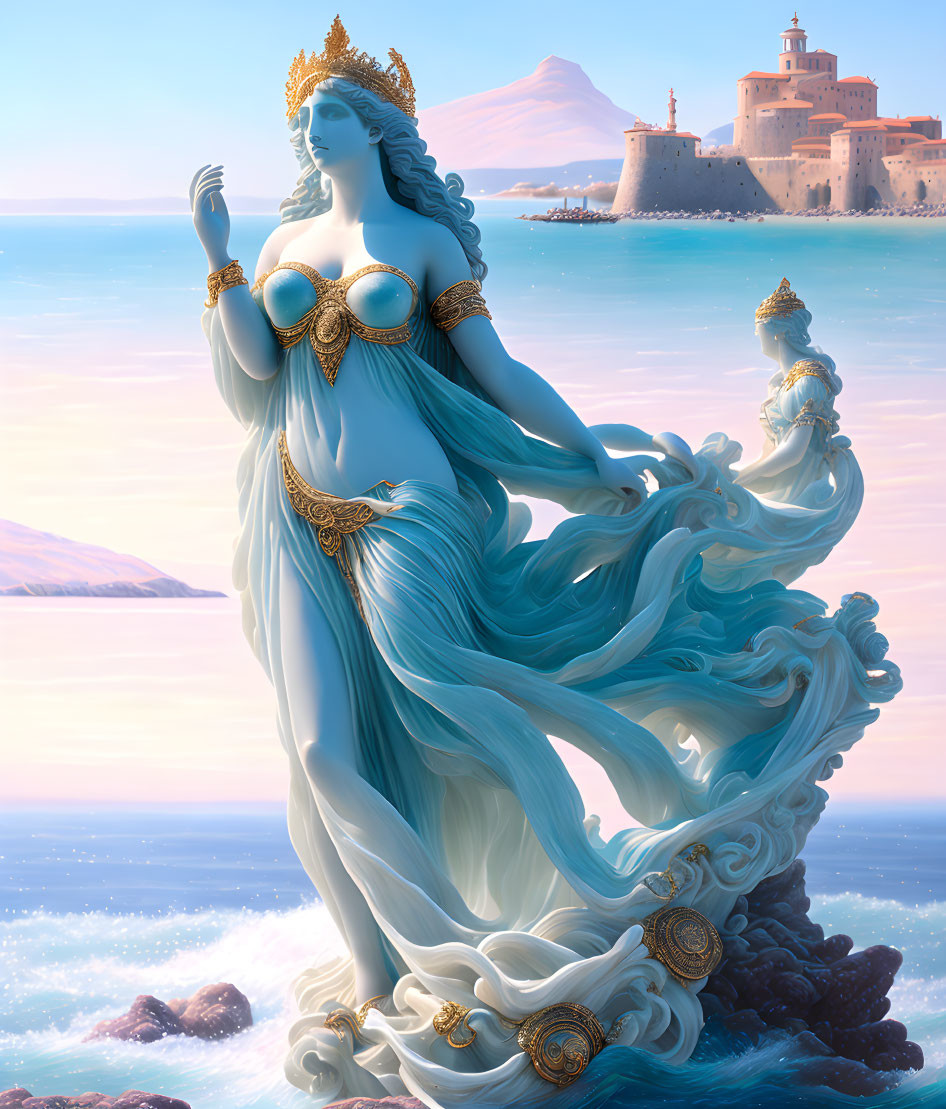 Majestic mythical figure by ocean with lighthouse and castle under clear sky