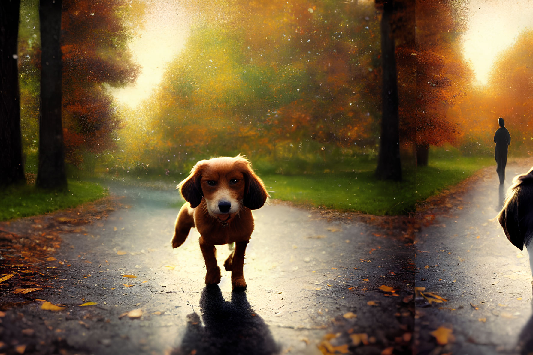 Small Brown Dog in Autumn Foliage with Blurred Figure and Warm Colors