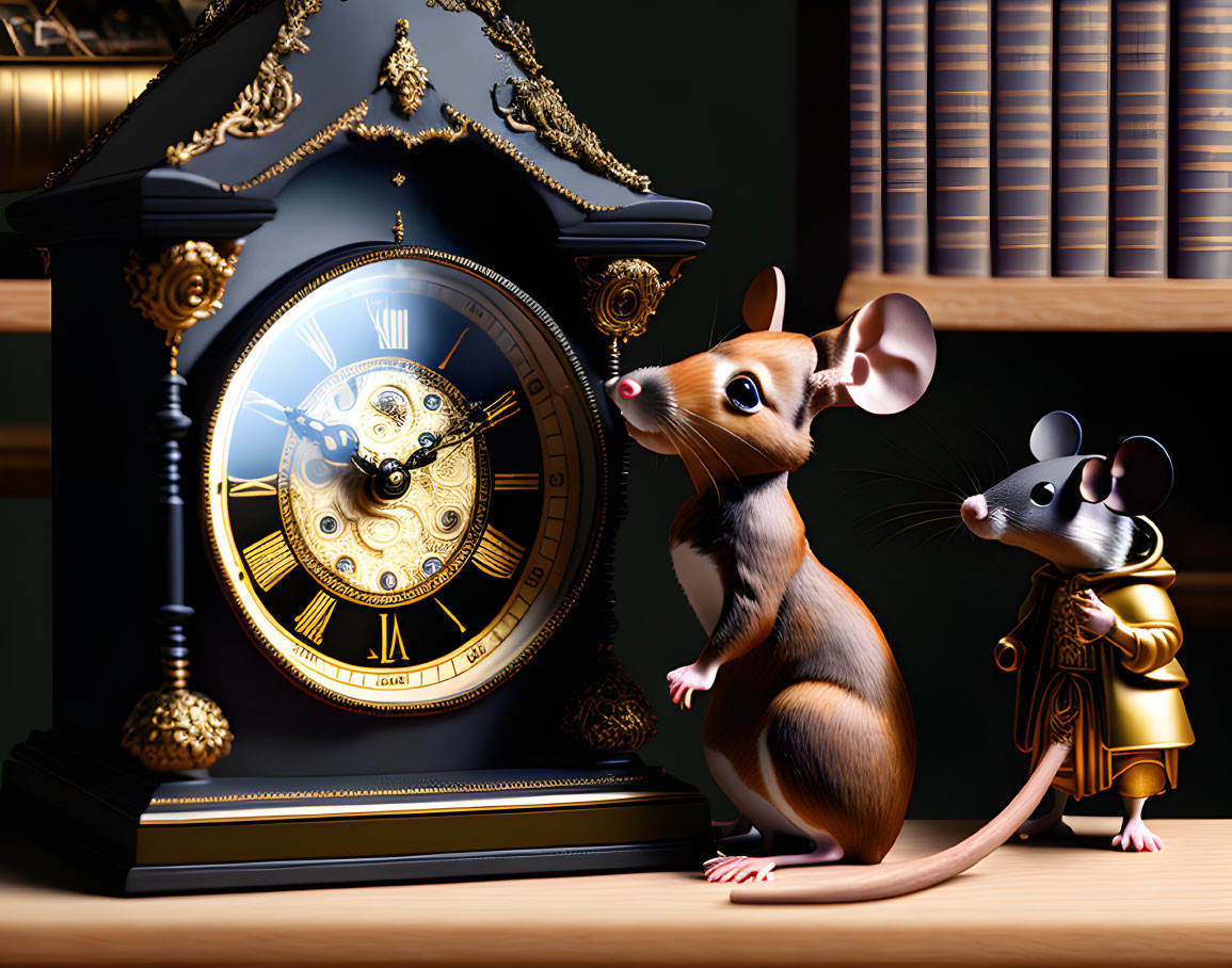 Ornate clock featuring anthropomorphic mice with book and candlestick